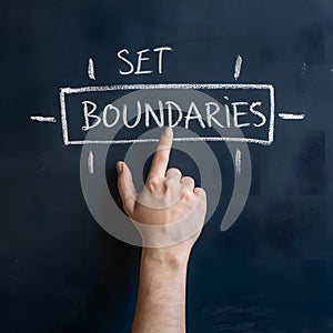 Hand points to set boundaries on blackboard, emphasizing limits photo