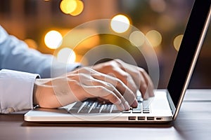 A hand poised over a laptop, business concept. Selected focus