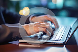 A hand poised over a laptop, business concept. Selected focus