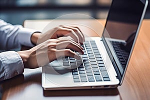 A hand poised over a laptop, business concept. Selected focus