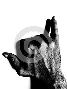 A hand pose of call me or piss isolated in white background photo
