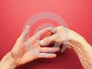 Hand position for mudra no. 1 in Jin Shin Jyutsu, alternative healing method or self-help concept