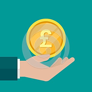 Hand with pound sterling coin. Vector flat illustration on blue. Give, receive, take, earn money