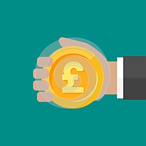 Hand with pound sterling coin. Vector flat illustration on blue. Give, receive, take, earn money