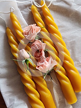 Hand-poured pure beeswax spiral twisted taper candles, Handmade candles with pink roses flowers.