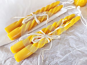 Hand-poured pure beeswax spiral twisted taper candles, Handmade vountry candles.