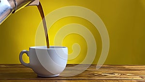 Hand pouring coffee from a moka pot into mug