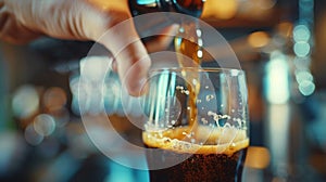 A hand pouring a dark amber brew into a glass showcasing the color and carbonation of the drink