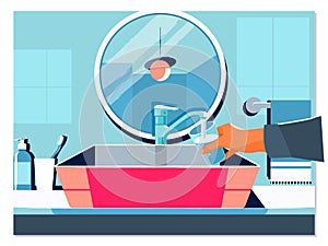 Hand pouring a glass of water from filter tap.Cup of purified water holding in hand. Vector illustration flat design