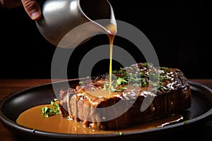 hand pouring gravy on a freshly grilled t-bone steak