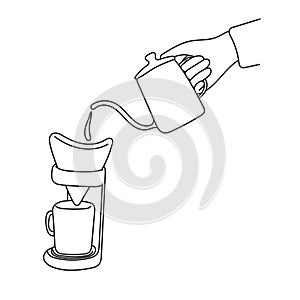 Hand pouring hot water on coffee ground with filter illustration vector hand drawn isolated on white background