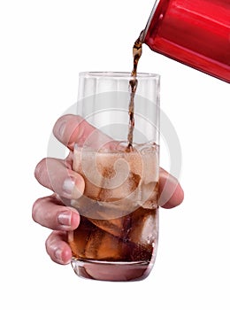 Hand pouring soft drink soda on iced glass