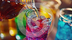 A hand pours a vividly colored soda from a glass bottle into a tasting glass photo