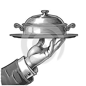 Hand Presenting a Covered Dish engraving vector