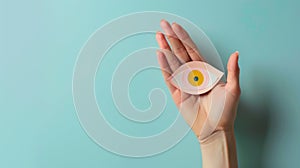 Hand Presenting Paper-Crafted Eye. AI generated