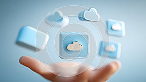 Hand presenting cloud computing concept with floating icons on a blue background