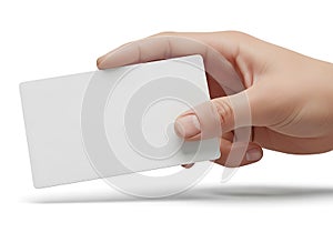 Human hand holding a blank white rectangular card against a plain white background