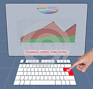 Hand press keyboard to analyse financial forecast