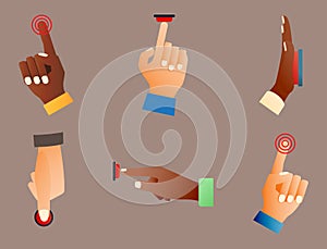 Hand press red button finger press control push pointer gesture human body part vector illustration.