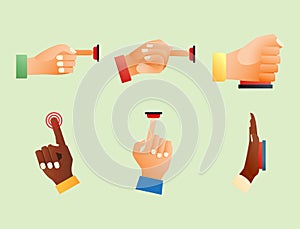 Hand press red button finger press control push pointer gesture human body part vector illustration.