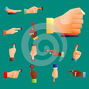 Hand press red button finger press control push pointer gesture human body part vector illustration.