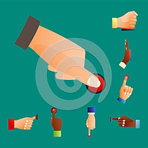 Hand press red button finger press control push pointer gesture human body part vector illustration.