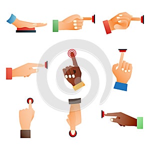 Hand press red button finger press control push pointer gesture human body part vector illustration.