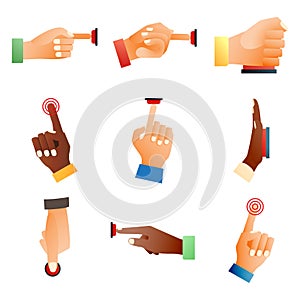 Hand press red button finger press control push pointer gesture human body part vector illustration.