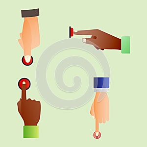 Hand press red button finger press control push pointer gesture human body part vector illustration.