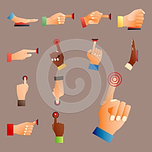 Hand press red button finger press control push pointer gesture human body part vector illustration.