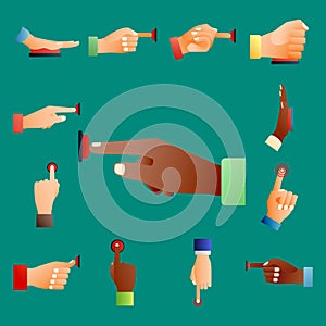 Hand press red button finger press control push pointer gesture human body part vector illustration.