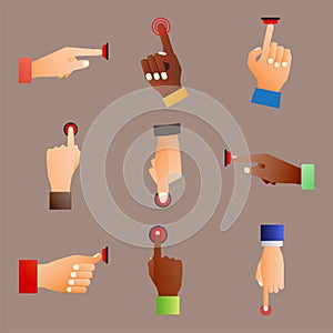 Hand press red button finger press control push pointer gesture human body part vector illustration.