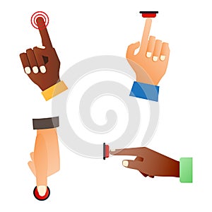 Hand press red button finger press control push pointer gesture human body part vector illustration.