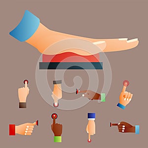 Hand press red button finger press control push pointer gesture human body part vector illustration.