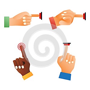 Hand press red button finger press control push pointer gesture human body part vector illustration.