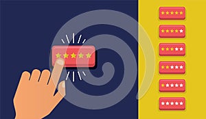 Hand press the star button. Customer review concept. Rating golden stars. Feedback, reputation and quality concept