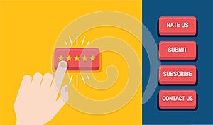 Hand press the star button. Customer review concept. Rating golden stars. web buttons. vector illustration