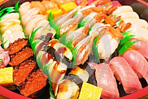 Hand-pressed nigirizushi with Japanese seafood, including Congridae, Crab, Shrimps, Tuna. photo