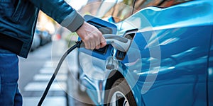 Hand Presses Button At Ev Charging Station, Powering Up Blue, Ecofriendly Car