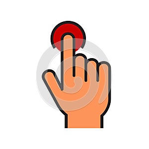 Hand presses a button icon. Hand cursor sign icon. Hand pointer symbol. Flat icon vector. Touch icon perfect color style. Element