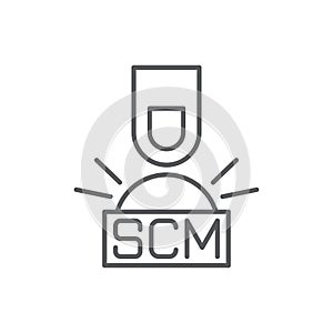 Hand presses the button with text SCM Vector illustration