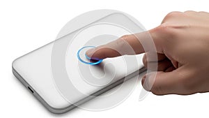 The background is plain white emphasizing the focus on the hand and device