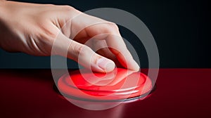 The hand presses the red alarm button. Selective focus.