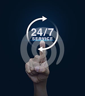 Hand pressing button 24 hours service icon on blue background, F