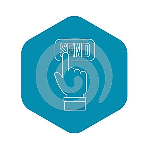 Hand pressing a button with the text Send icon