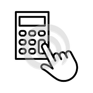 Hand pressing calculator button. Economy, accounting concept