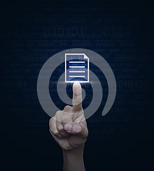 Hand pressing document icon over computer binary code blue background