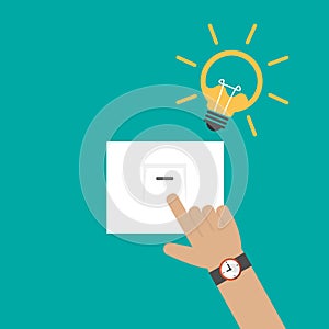 Hand pressing electronic switch and light bulb icon vector
