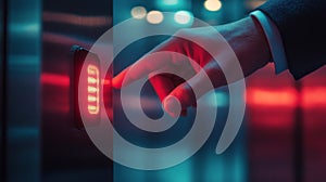 A hand pressing the elevator button in a modern building during evening hours