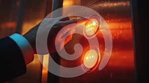 A hand pressing the elevator button in a modern building during evening hours